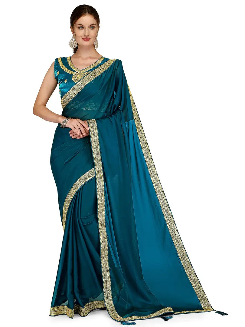 Premvati Collection Women's Maheshwari Silk Saree With Blouse Piece (amrs002_Blue, Dark Green)