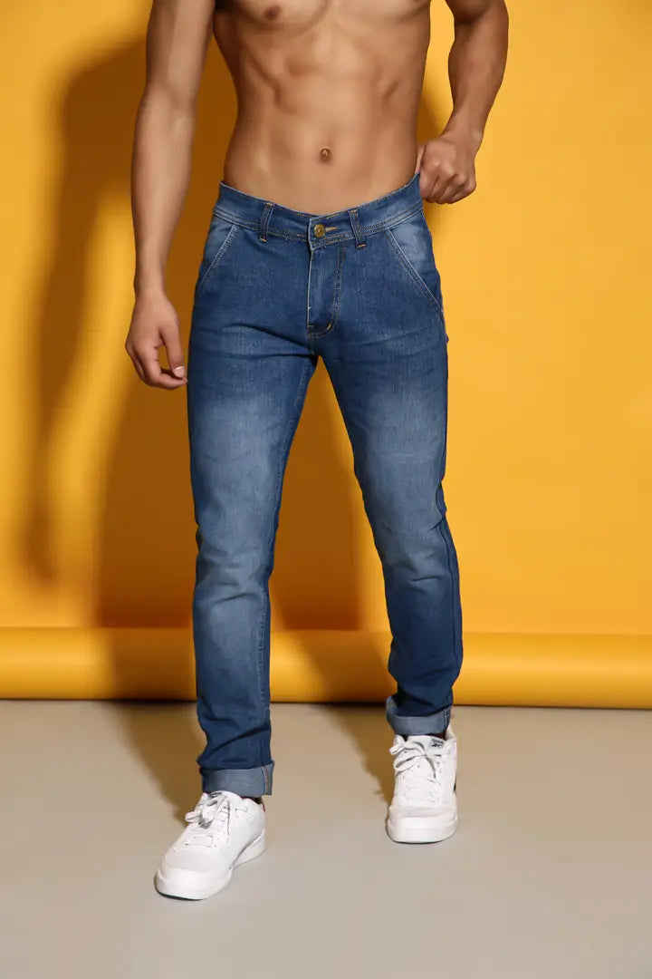 Sobbers Men's Denim Mid Wash Slim Fit  Light Blue Jeans