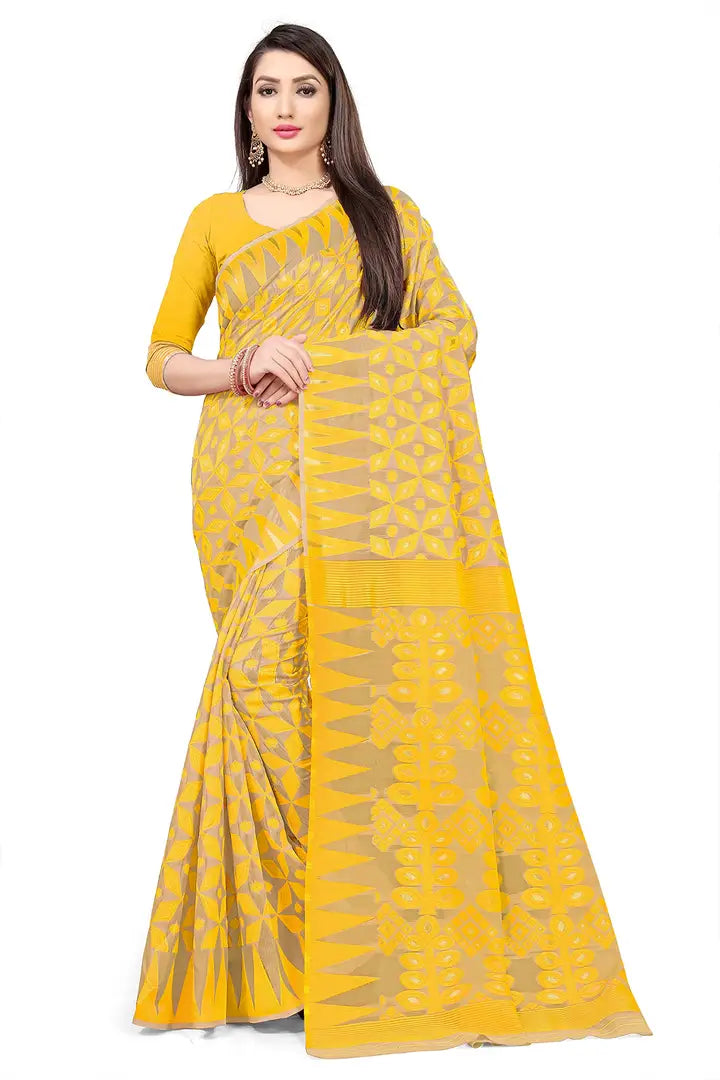 Proton Fabrics Women's Dhakai Jamdani Cotton Silk Saree With Blouse Piece (PF_374 YELLOW)