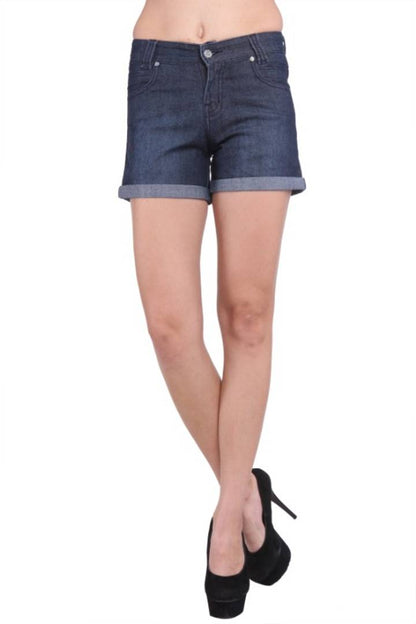 Fashionable Navy Blue Denim Solid Shorts For Women