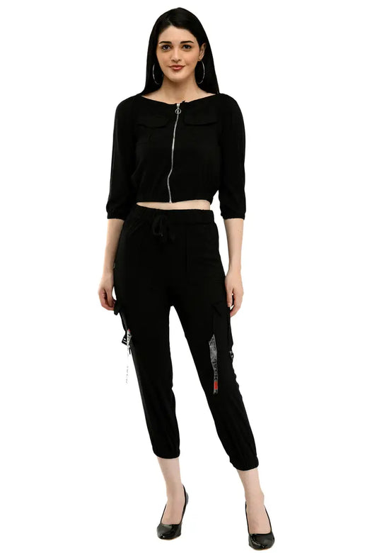 Stylish Polyester Black Solid Zipped Top With Pant Set
