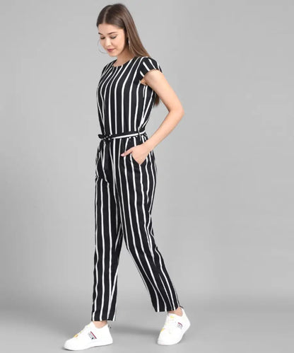 Women Black Big Stripe Printed Front Knot Jumpsuits
