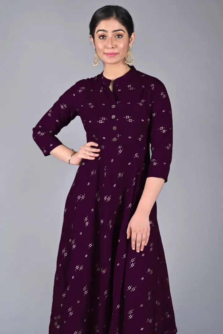 Stunning Purple Rayon Printed Anarkali Kurta For Women