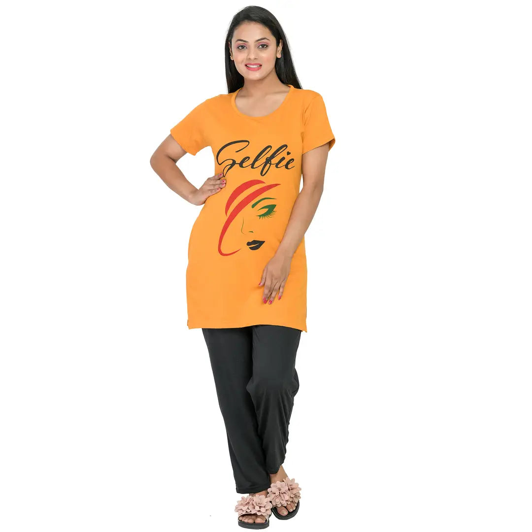 Stylish Cotton Blend Mustard Printed Round Neck Short Sleeves Long Top For Women