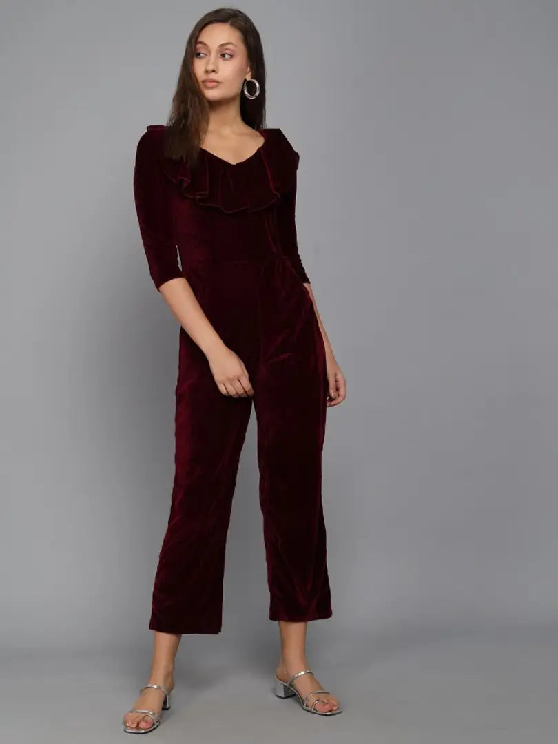 Trendy Velvet Jumpsuit with front frill