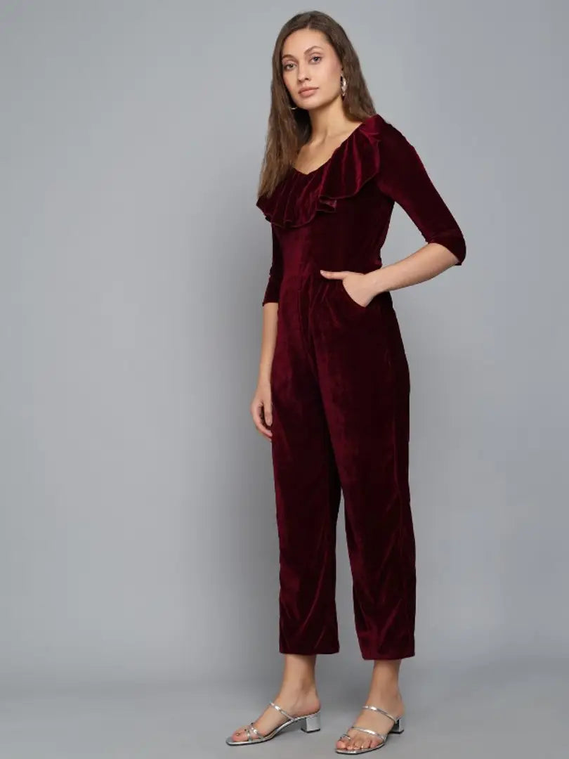 Trendy Velvet Jumpsuit with front frill