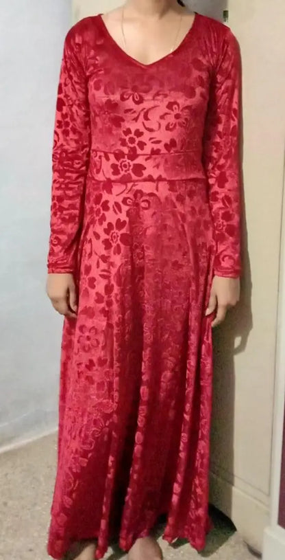 Maroon Printed Velvet Long Dress