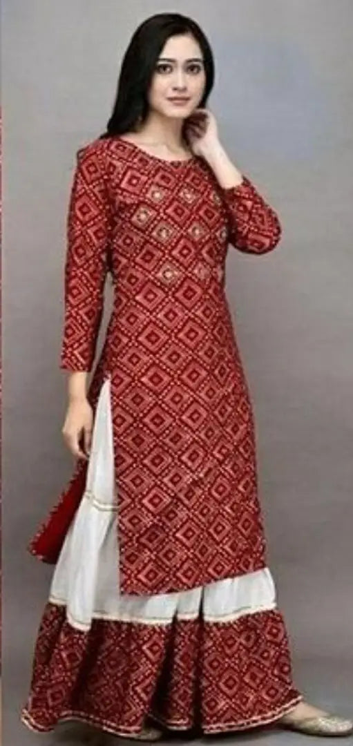 Stunning Red Cotton Printed Kurta with Cotton Skirt For Women