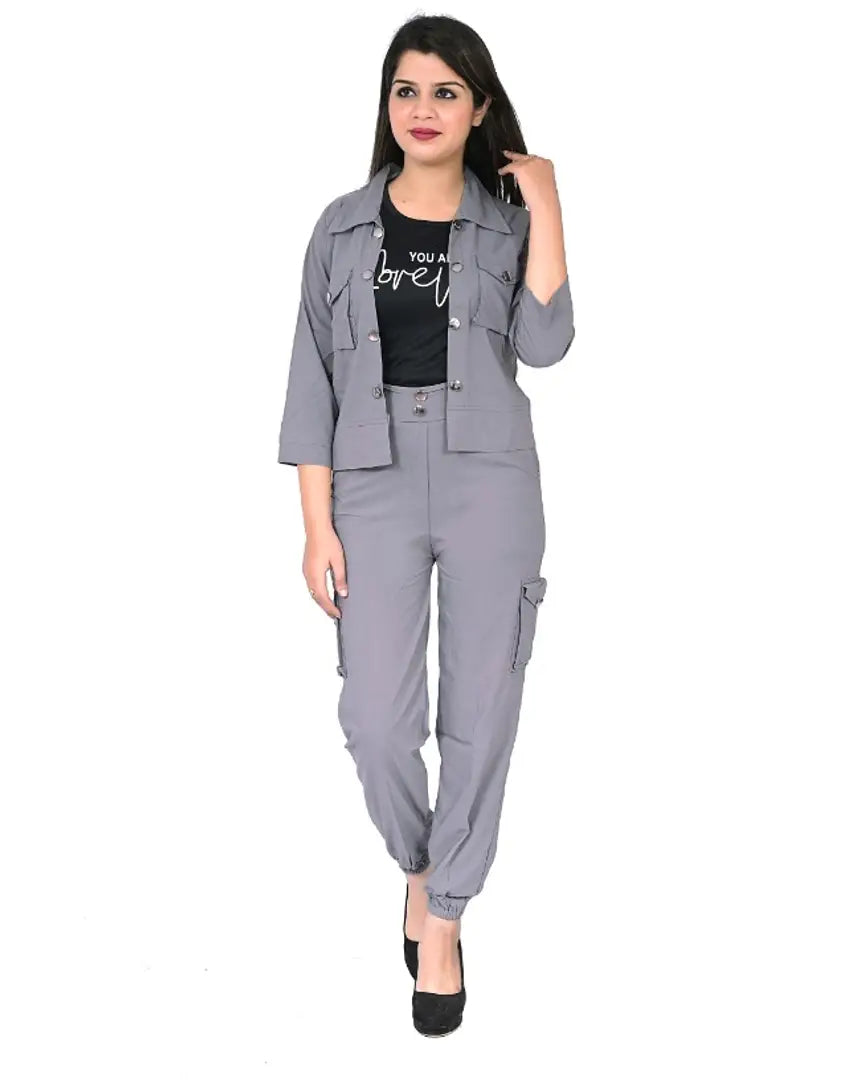 IMPORTED STRETCHABLE THREE PIECE DRESS. TOP CARGO TROUSER WITH JACKET