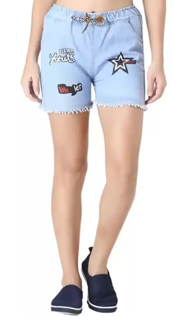 Printed Women Reversible Denim Blue Regular Shorts