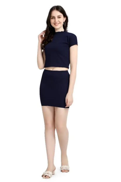 Latest Navy Blue 2 Piece Top  Skirt Bodycon Dress For Women
