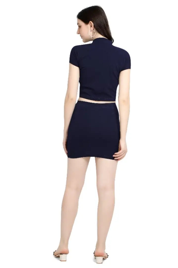 Latest Navy Blue 2 Piece Top  Skirt Bodycon Dress For Women