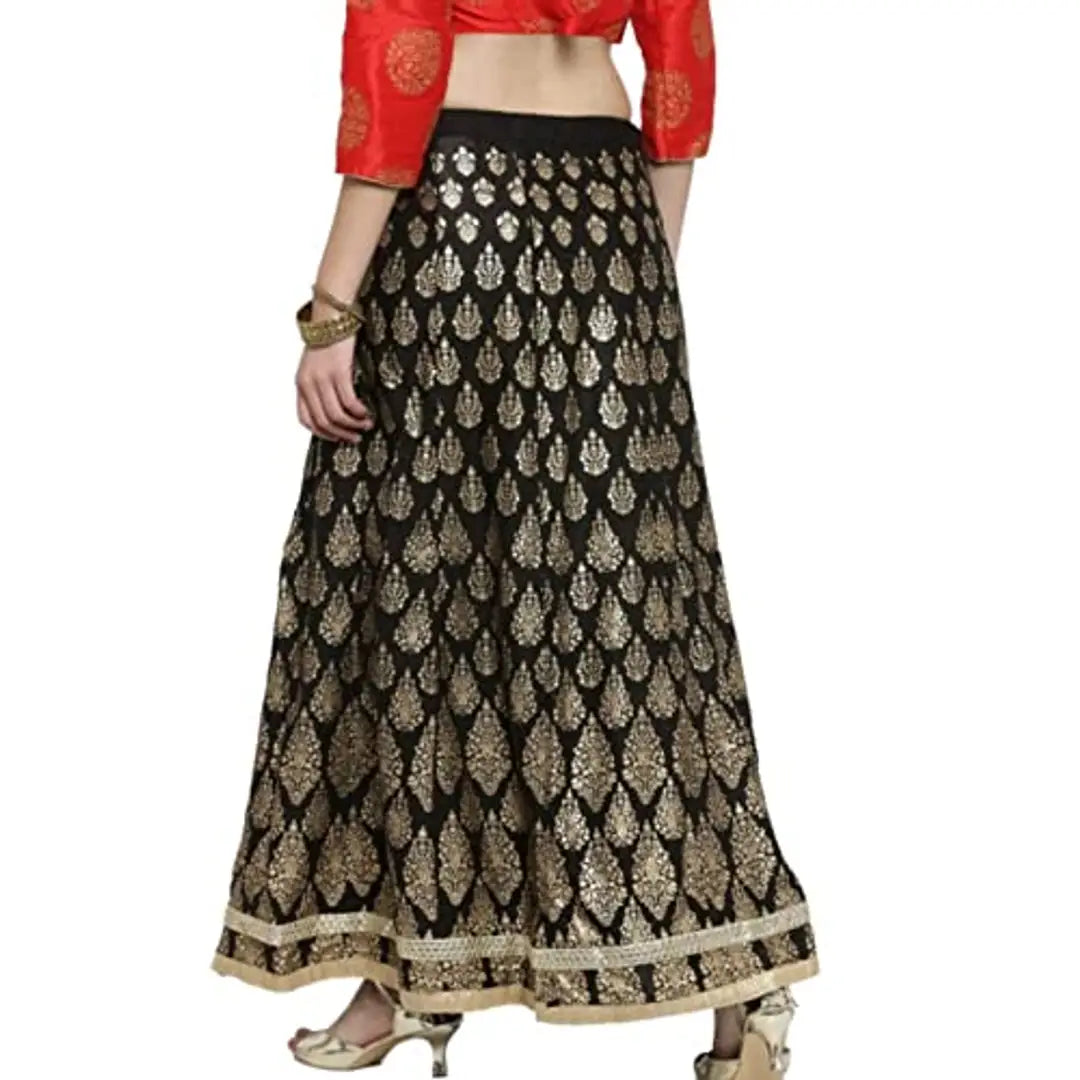 TNQ Women Long Gold Toned Printed Flare Skirt/Flared Rayon Skirt/Lehenga Skirt (Free Size, Black)