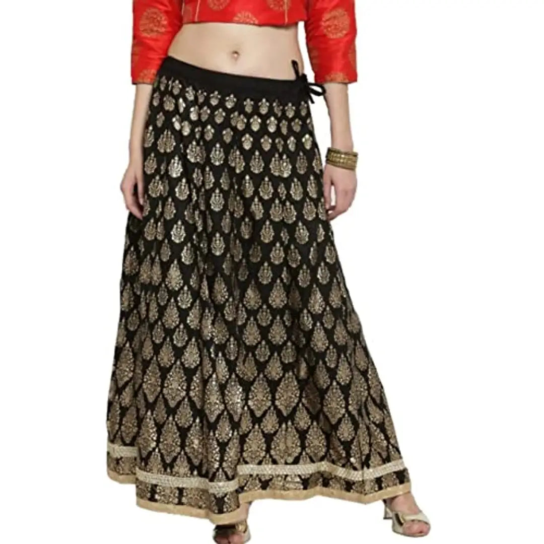 TNQ Women Long Gold Toned Printed Flare Skirt/Flared Rayon Skirt/Lehenga Skirt (Free Size, Black)