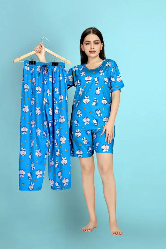 Stylish Blue Polycotton Printed Lounge Top with Shorts And Bottom Set For Women