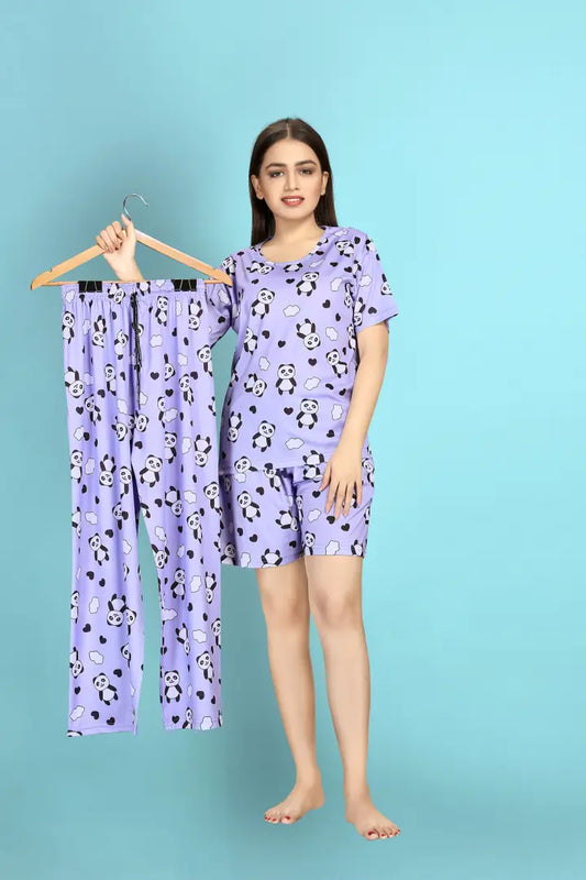 Stylish Purple Polycotton Printed Lounge Top with Shorts And Bottom Set For Women