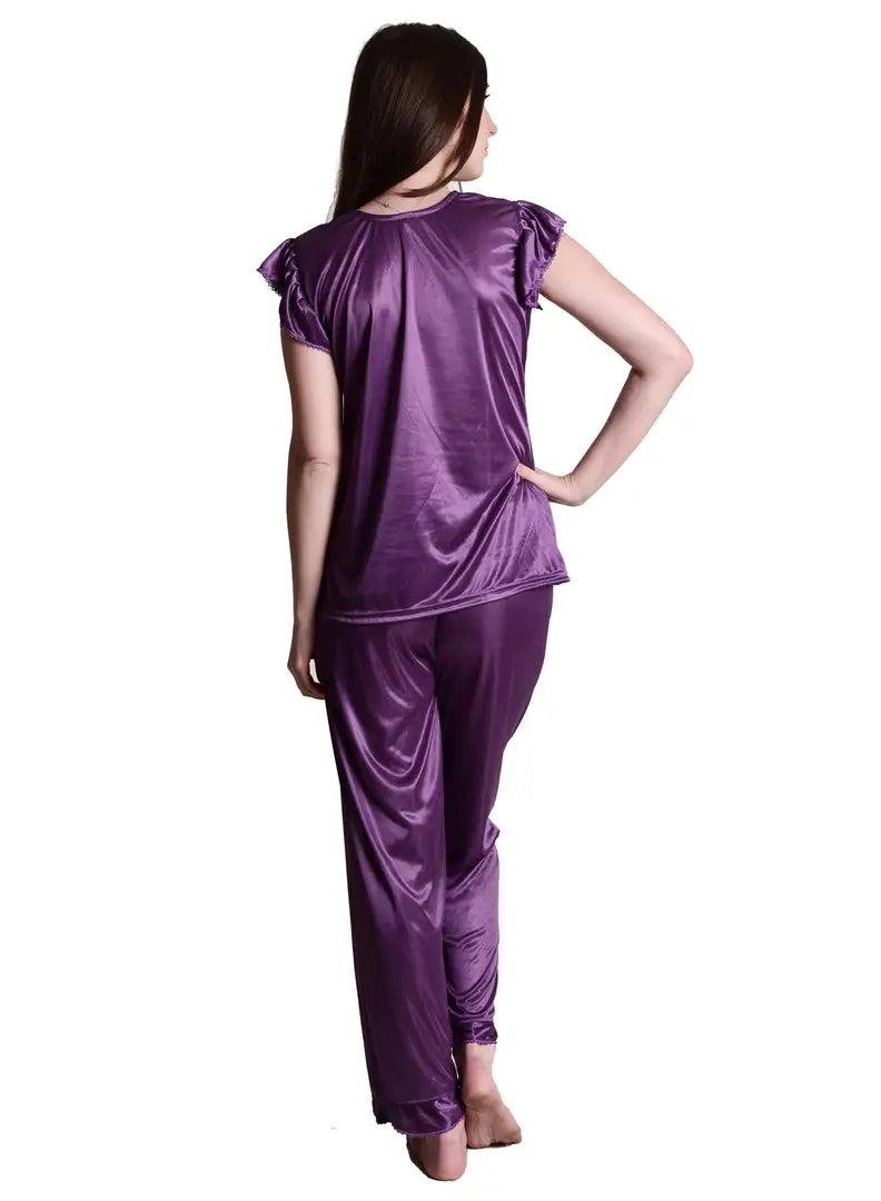 Stylish Fancy Purple Satin Nightwear Top And Pajama Set