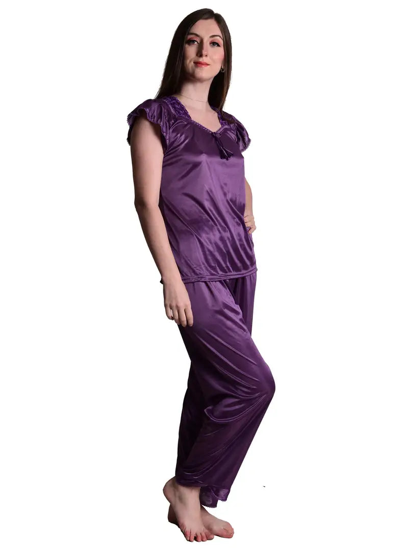 Stylish Fancy Purple Satin Nightwear Top And Pajama Set