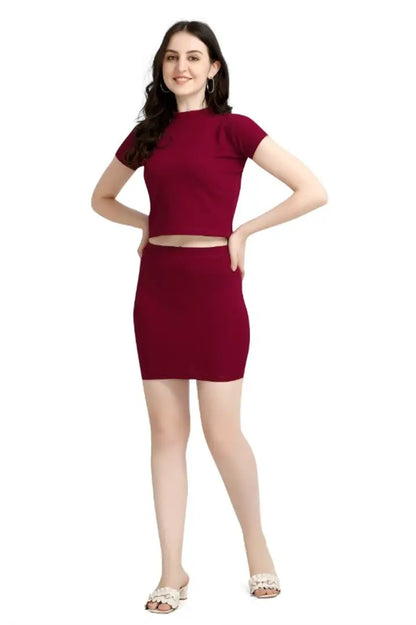 Stylish Soft Polyester Solid Short Sleeves Top With Bottom Set For Women