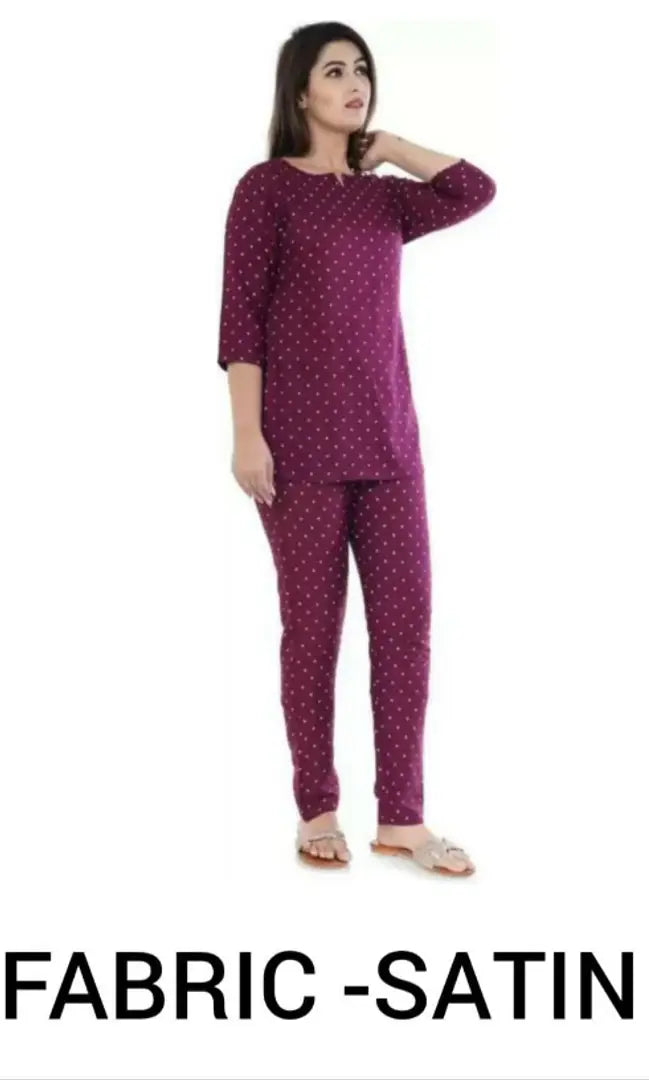 Stylish Purple Satin Printed Night Top with Pajama Set For Women And Girls
