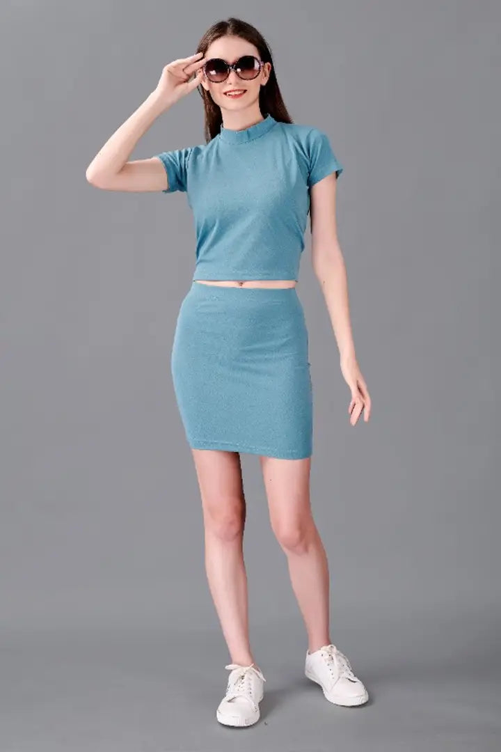 Latest Light Blue 2 Piece Skirt  Top Set For Women