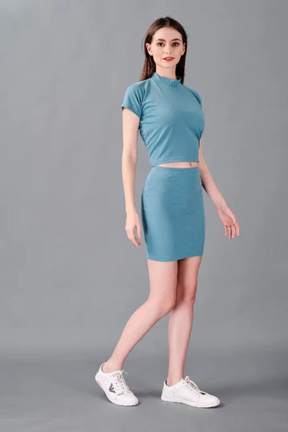 Latest Light Blue 2 Piece Skirt  Top Set For Women