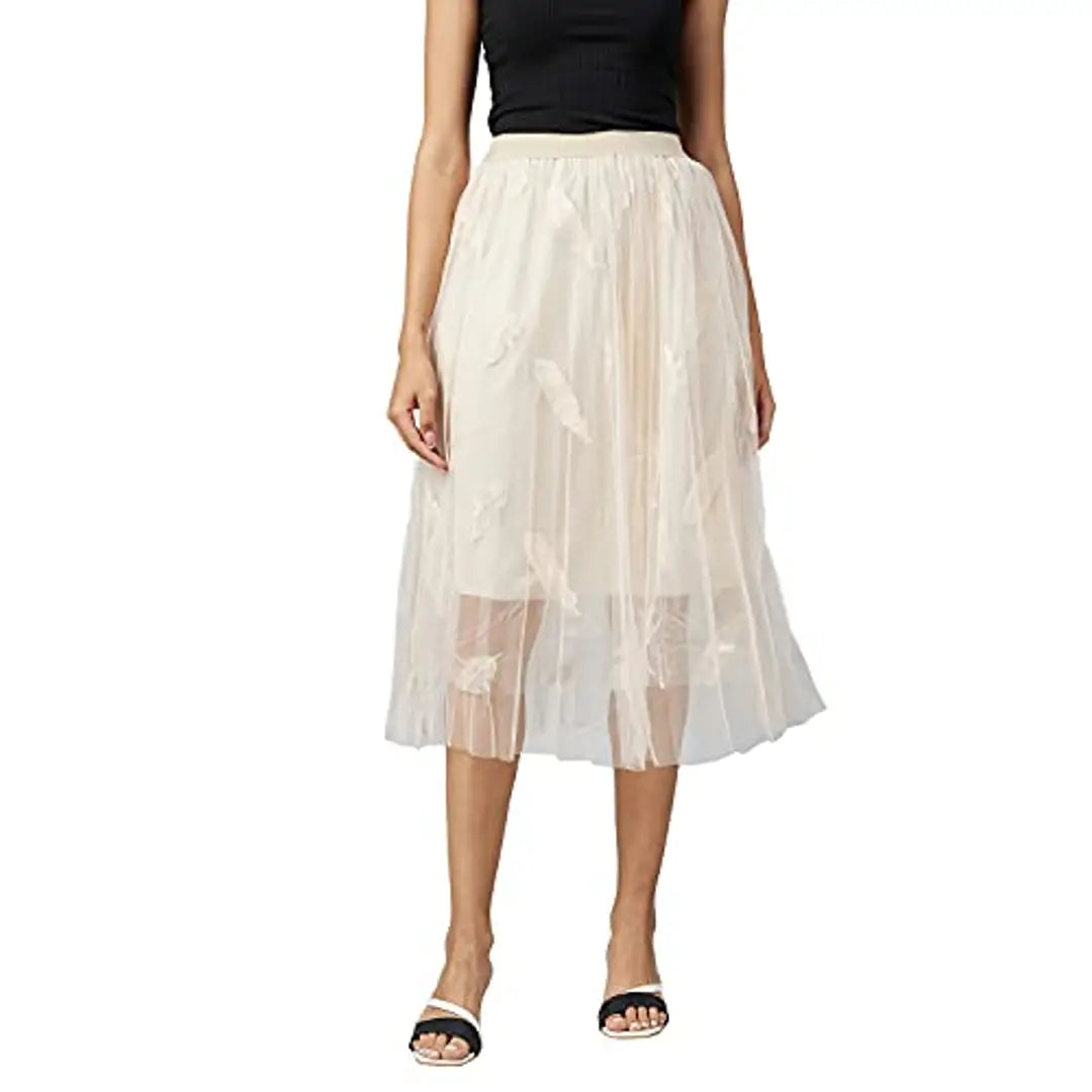 StyleStone Women's Beige self Embroidered Net Skirt with Lining (3910PeachLeafL)