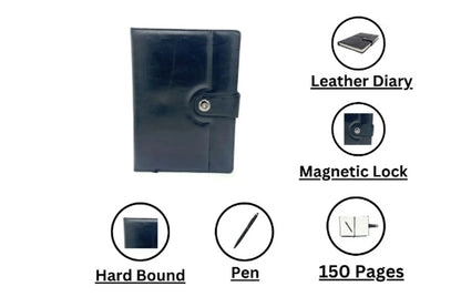Leather Diary with Magnetic Lock and Pen, 150 Pages without Date, Diary for office, gift,men,girl,corporate gifts( Black )