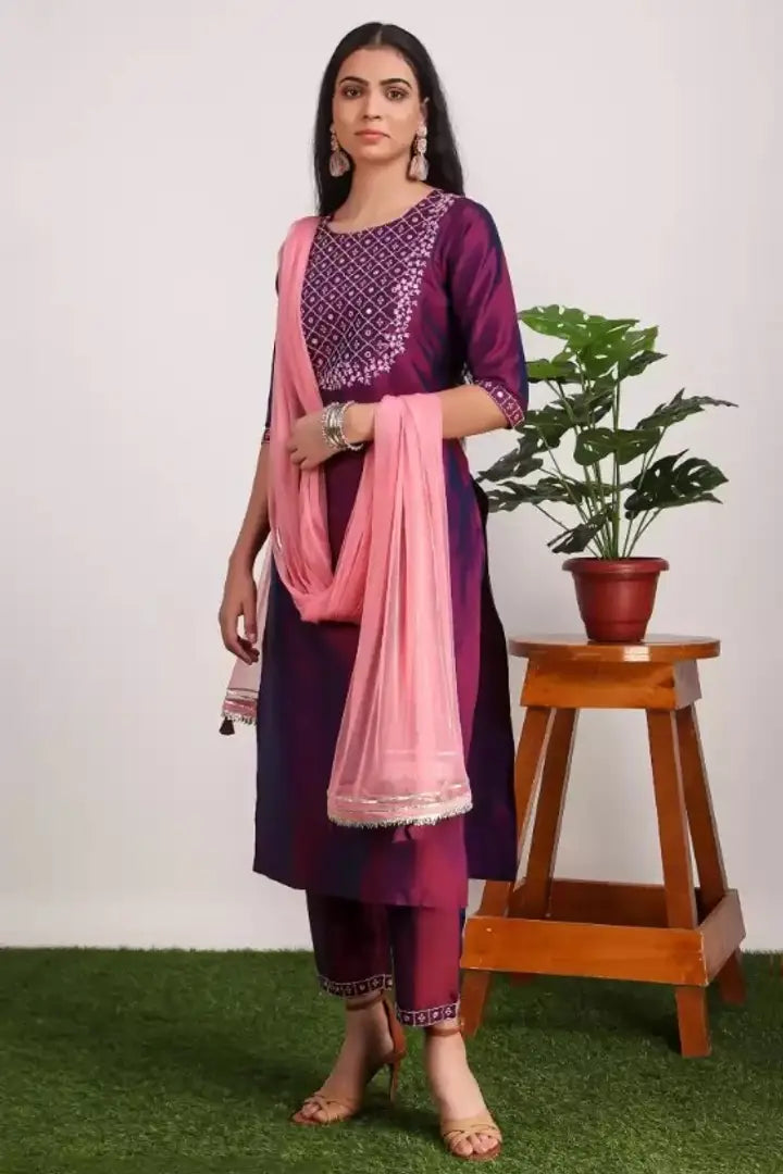 Fancy Silk Blend Kurta Set For Women