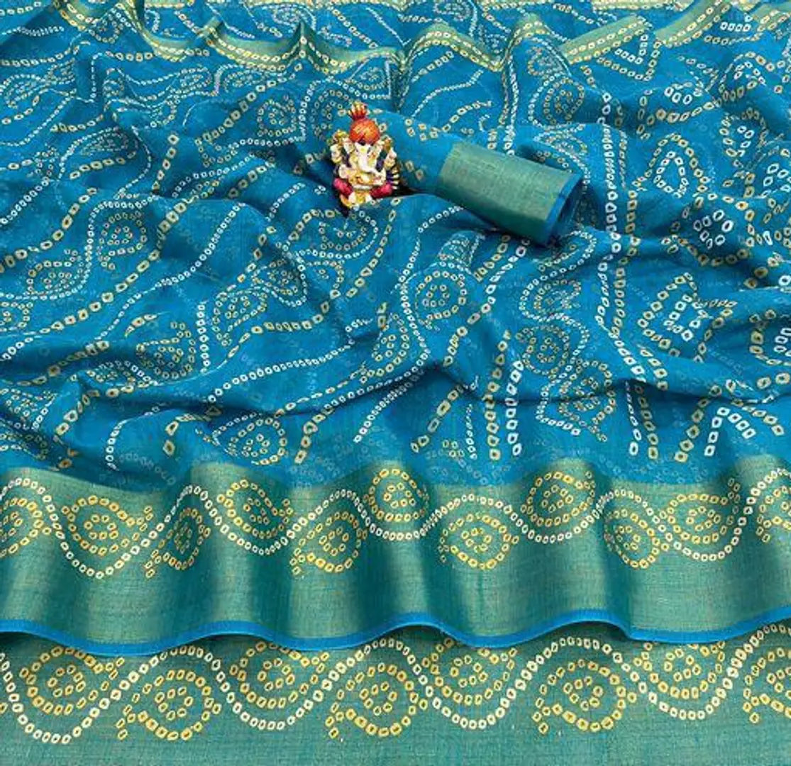 TEAL Cotton Blend Printed Saree with Blouse piece