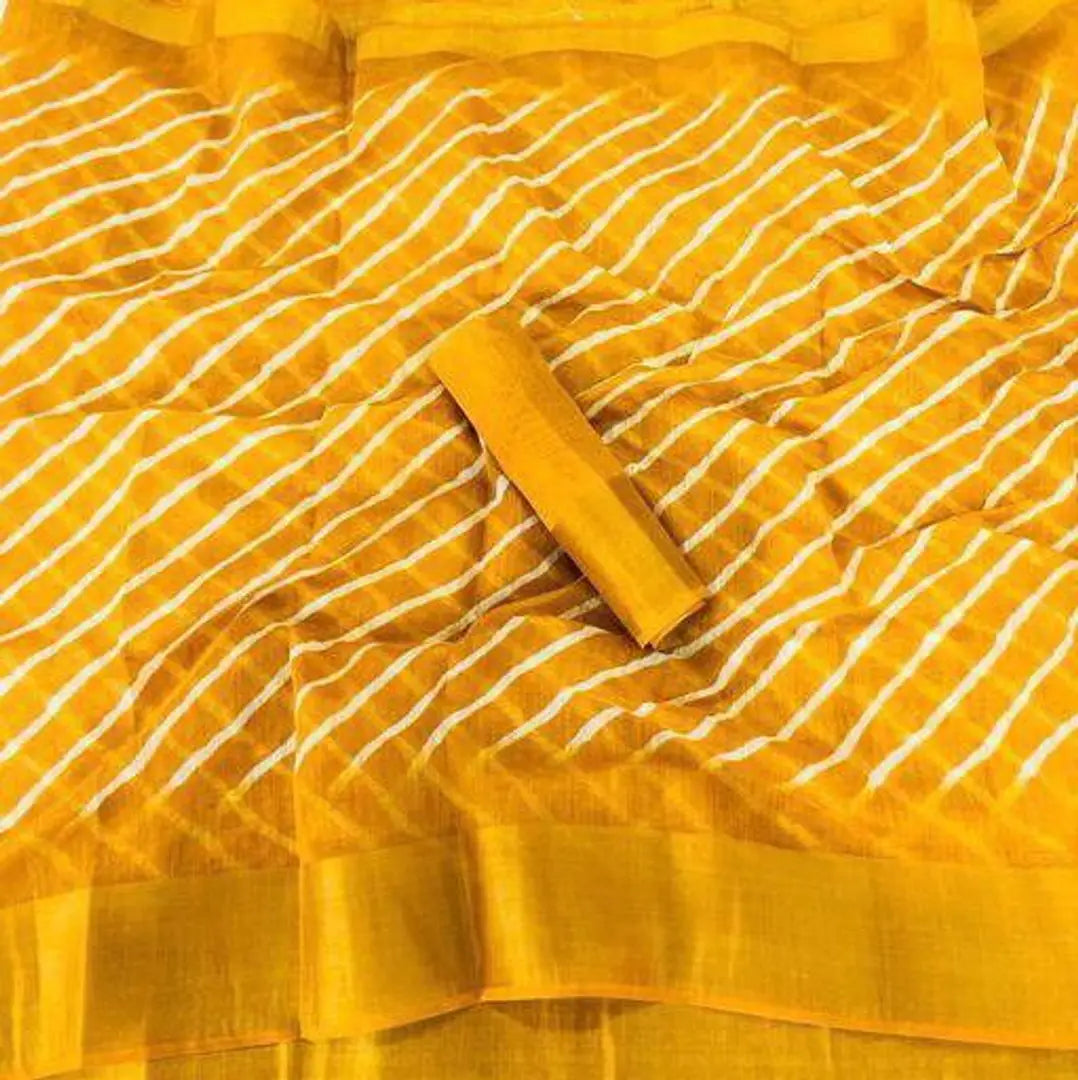 YELLOW Cotton Blend Striped Saree with Blouse piece