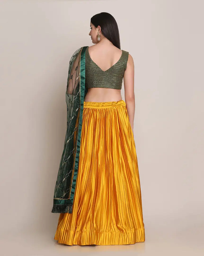 Yellow Green Color Silk Plain Krash Pattern Semi-Stitched Lehenga Choli Free Size