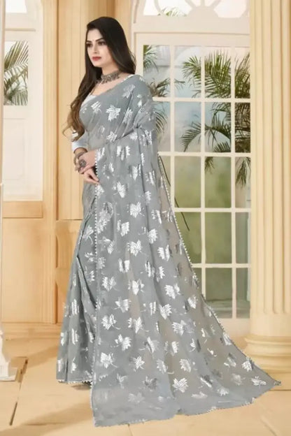 New Georgette Saree With Foil Work And Tempal Lace Brodar
