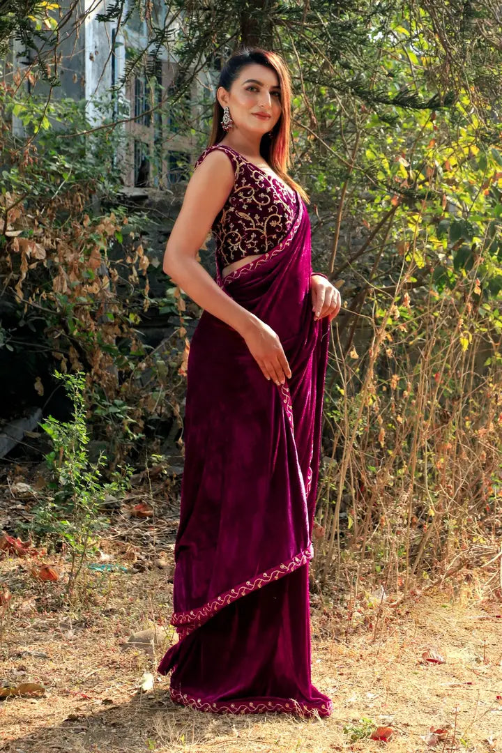 Velvet Lace Border Sarees with Embroidered Blouse Piece