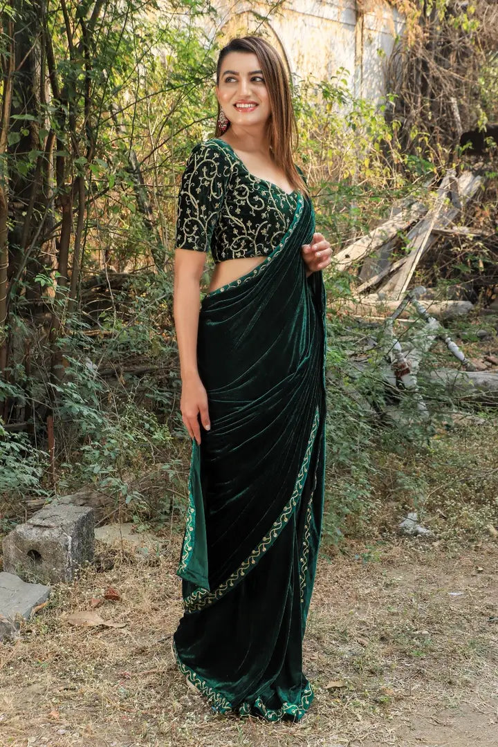 Velvet Lace Border Sarees with Embroidered Blouse Piece
