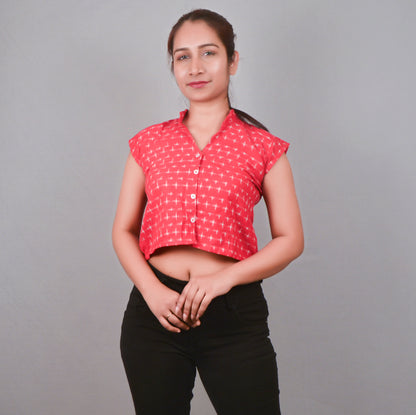 Women's Red and white Button Down Crop Shirt
