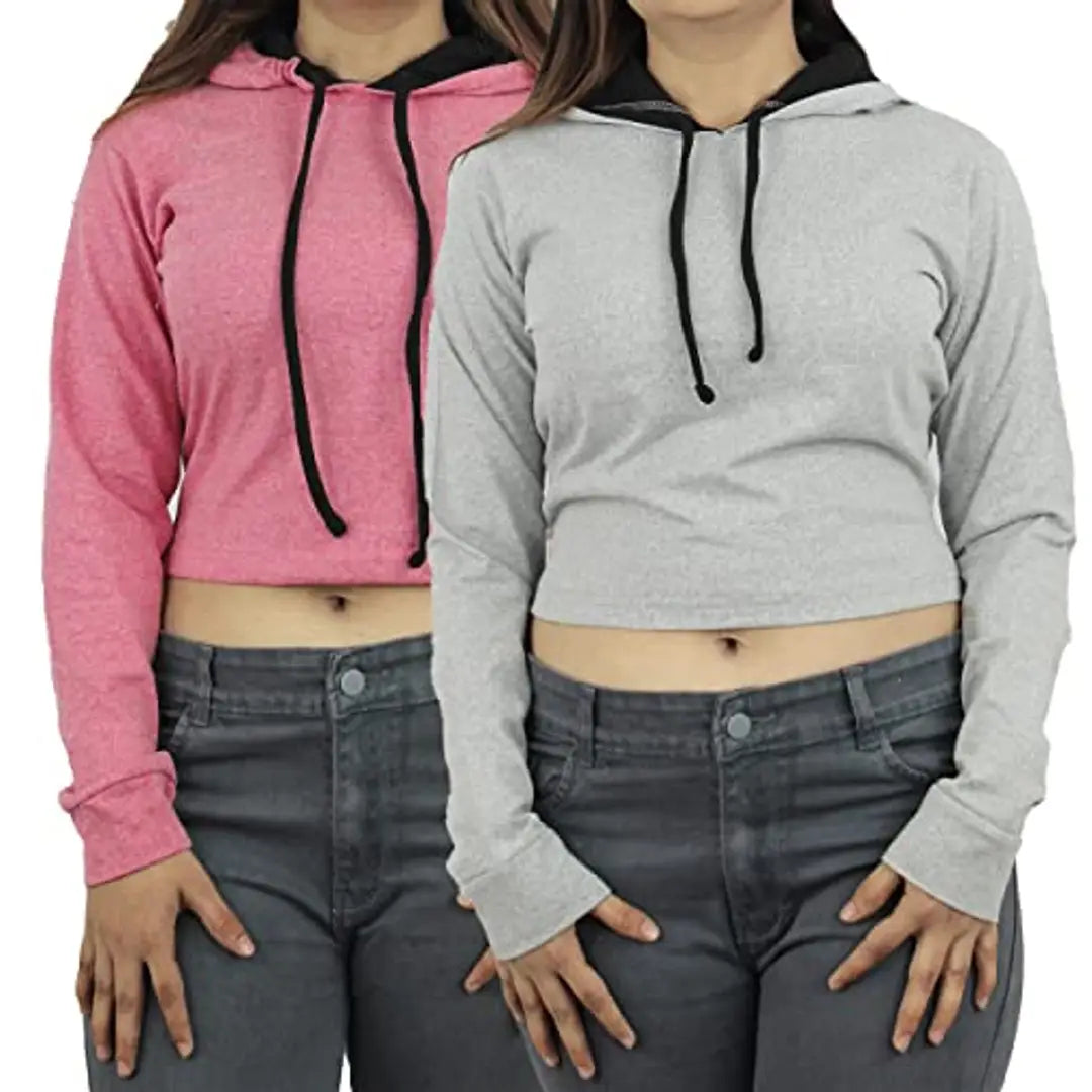 MYO Women's Full Sleeve Crop Length Hooded Neck T Shirt Pack of 2 Pink-Grey