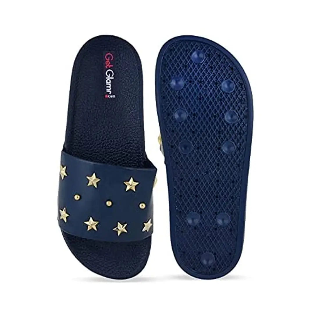Get Glamr Women Sliders Flip Flop Slippers and Work From Home Comfortable Navy Slippers-UK 3.5