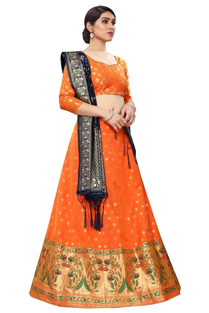 RJB women's banarasi silk and jacquard lehenga choli dupatta set (LC-12_orange_free size)
