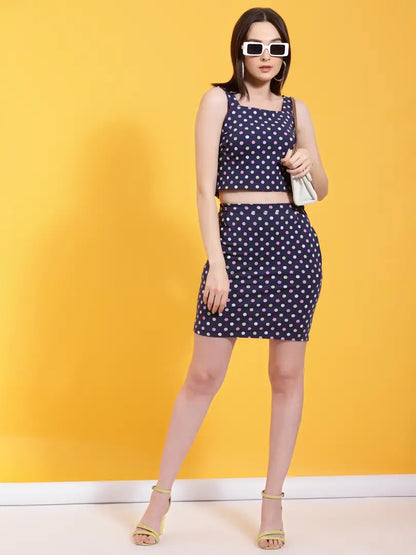 Women Blue Polkadot Broad Straps Top  Skirt With Pockets Co-ord Set
