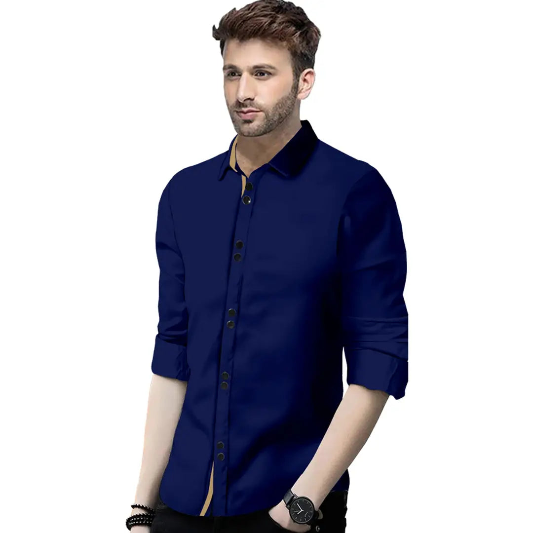 Reliable Navy Blue Cotton  Long Sleeves Casual Shirts For Men