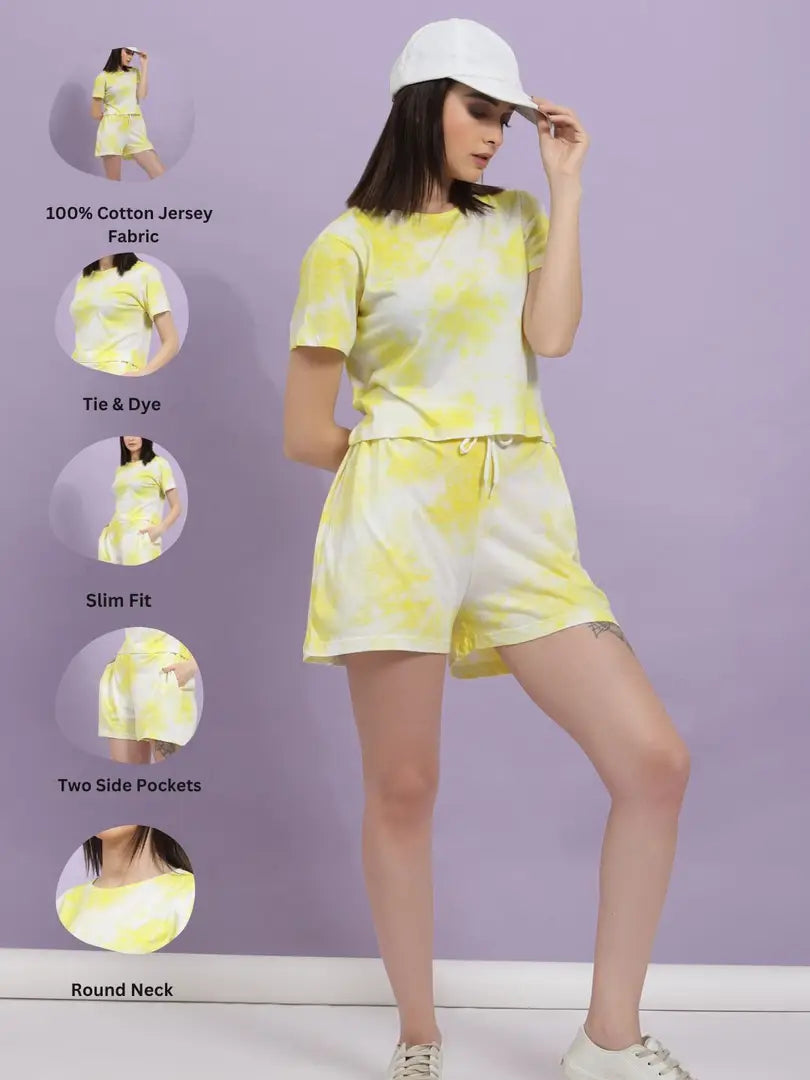 Women Yellow Tie  Dye Jersey Half Sleeves Co-ord