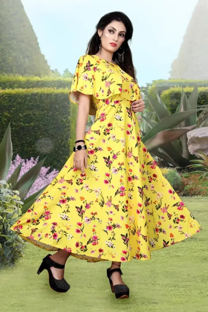 Stylish Yellow Crepe Printed Fit And Flare Dress For Women