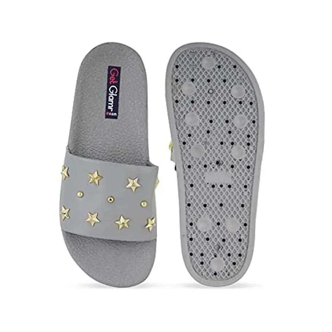 Get Glamr Women Sliders Flip Flop Slippers and Work From Home Comfortable Grey Slippers-UK 3.5
