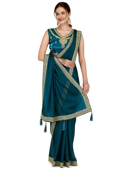 Premvati Collection Women's Maheshwari Silk Saree With Blouse Piece (amrs002_Blue, Dark Green)