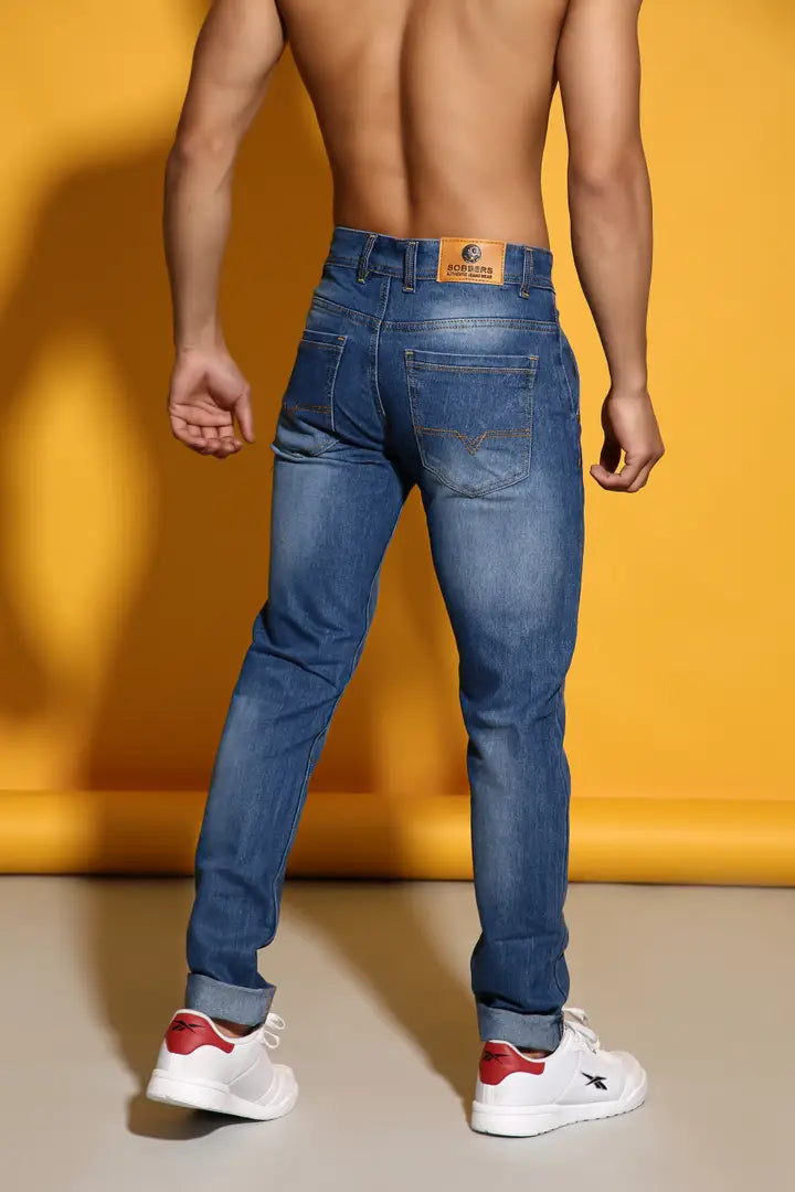 Sobbers Men's Denim Mid Wash Slim Fit  Light Blue Jeans