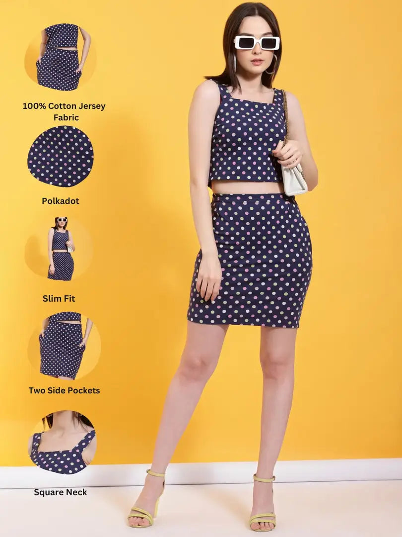 Women Blue Polkadot Broad Straps Top  Skirt With Pockets Co-ord Set