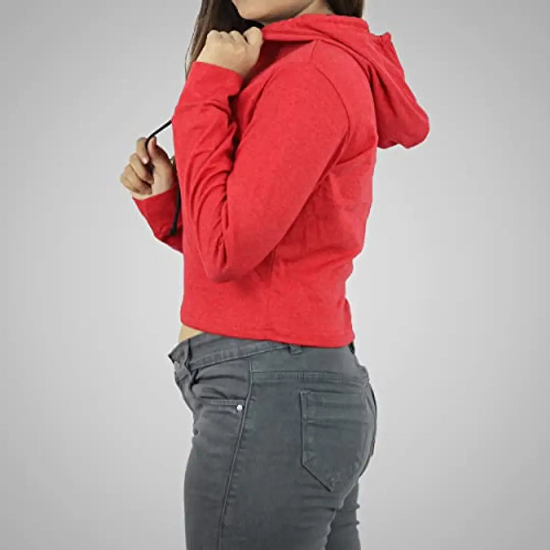 MYO Women's Full Sleeve Crop Length Hooded Neck T Shirt Pack of 2 Red-Black