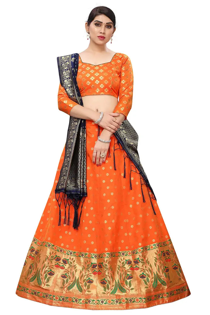 RJB women's banarasi silk and jacquard lehenga choli dupatta set (LC-12_orange_free size)