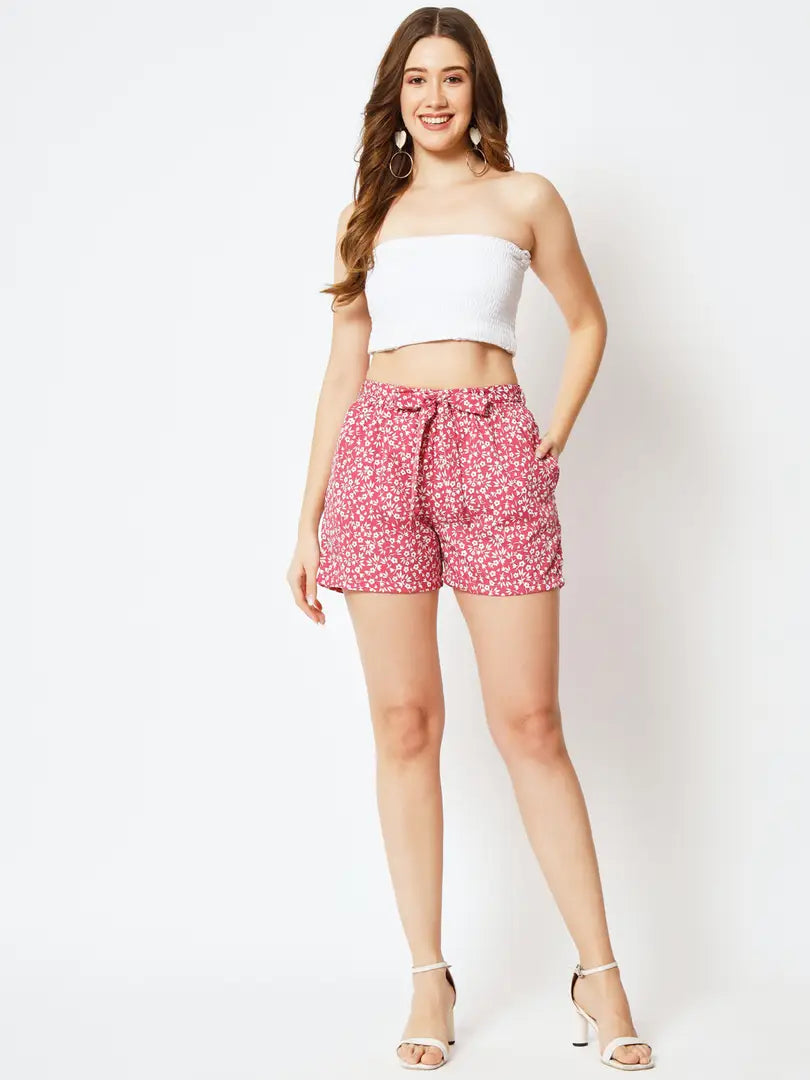 Women Pink Color Floral Print Daily Use Casual Outdoor Shorts With 2 Pockets